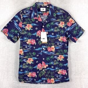 NN07 No Nationality Hawaiian Shirt Men M Blue Pink Floral Beach AOP Aloha Tiki
